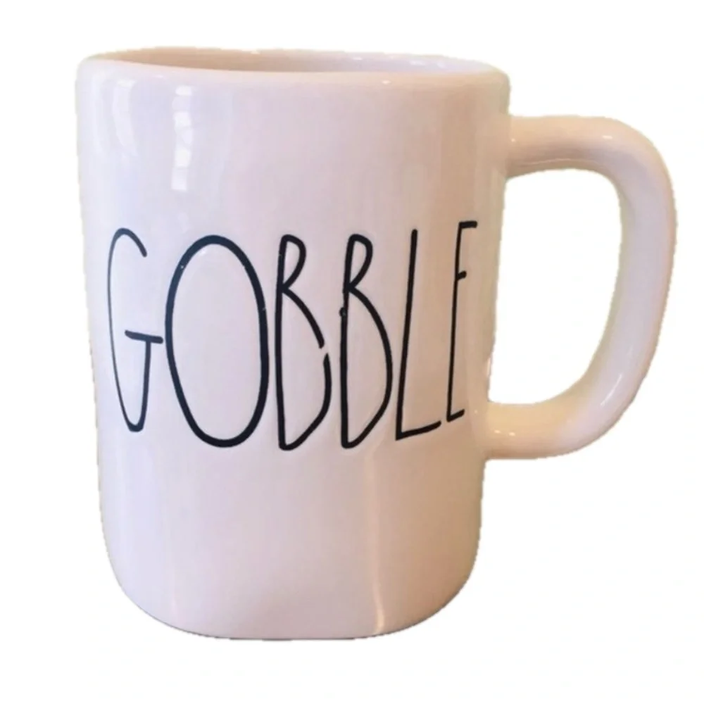 Rae Dunn M Stamped Gobble Mug Coffee Tea Magenta black white